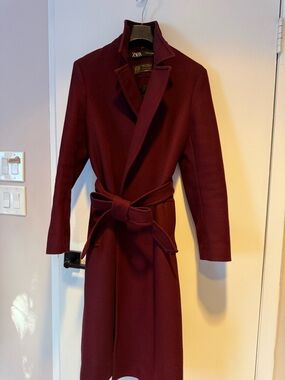 Zara Wine-Red Textured Coat with Belt Detail wool